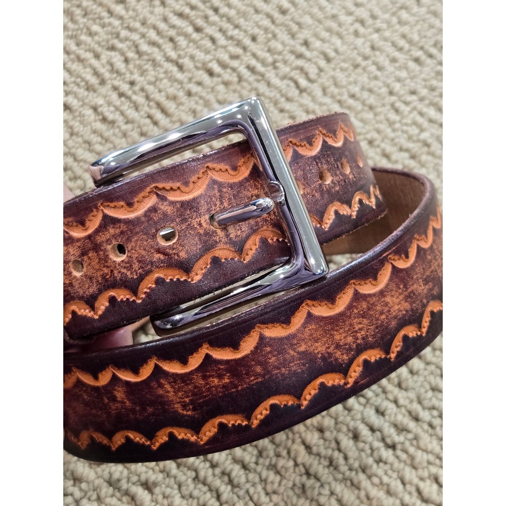 Handmade Mens Leather Belt Fits 36-40 Tooled Western silver buckle by Ray Briggs
